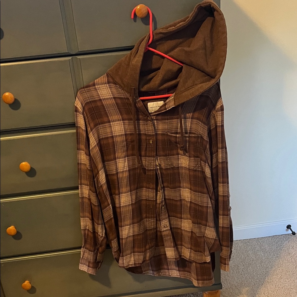 American Eagle Outfitters Brown Plaid Button-Down Hooded Shirt